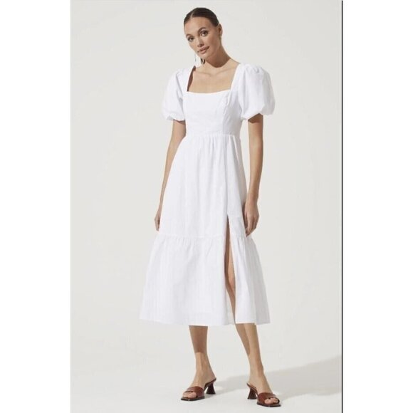 ASTR the Label BNWOT womens white poplin puff sleeve dress sz Medium side slit - Picture 1 of 9